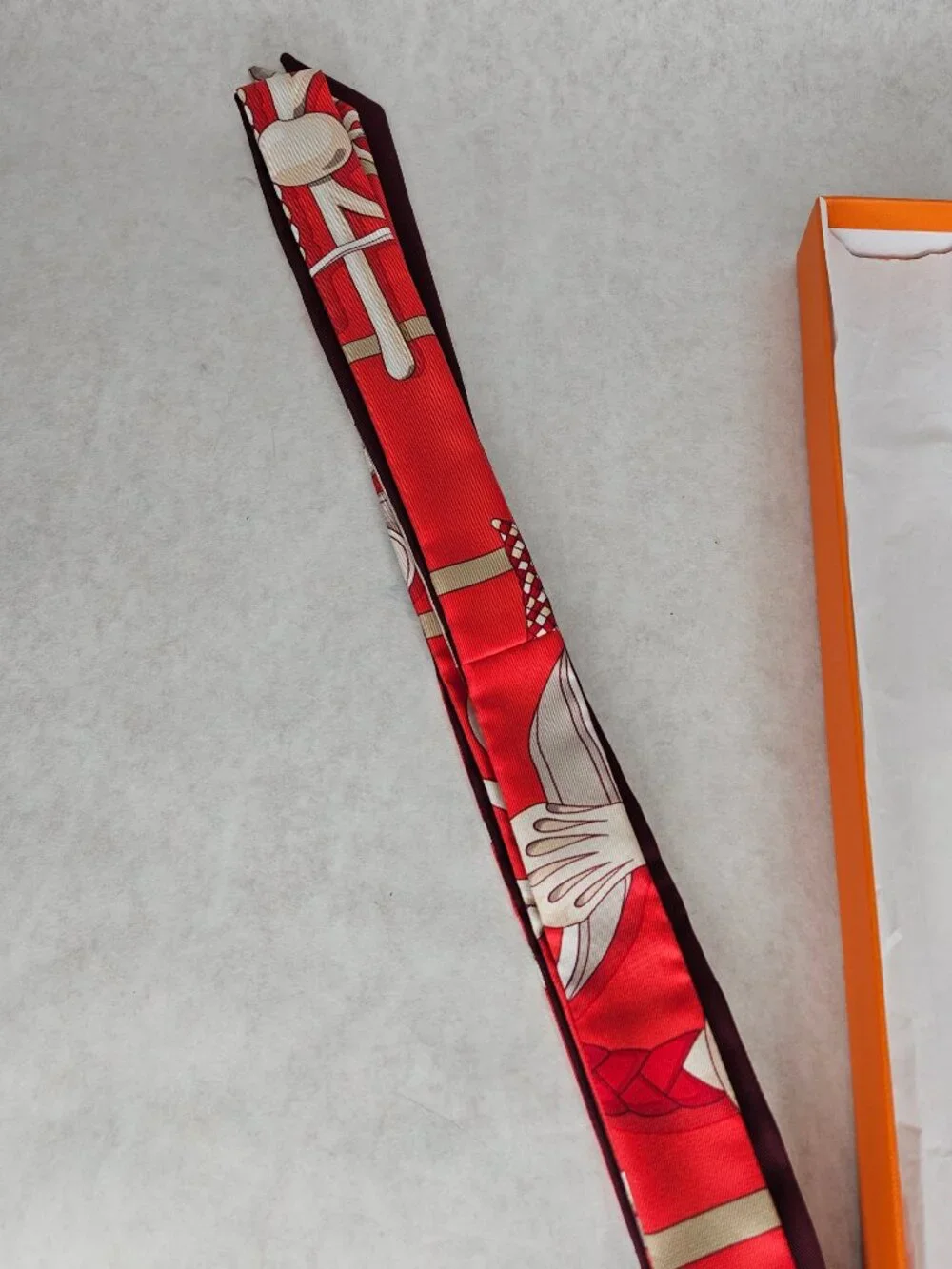Authentic Hermes Red White Twilly Thin Silk Scarf with Box